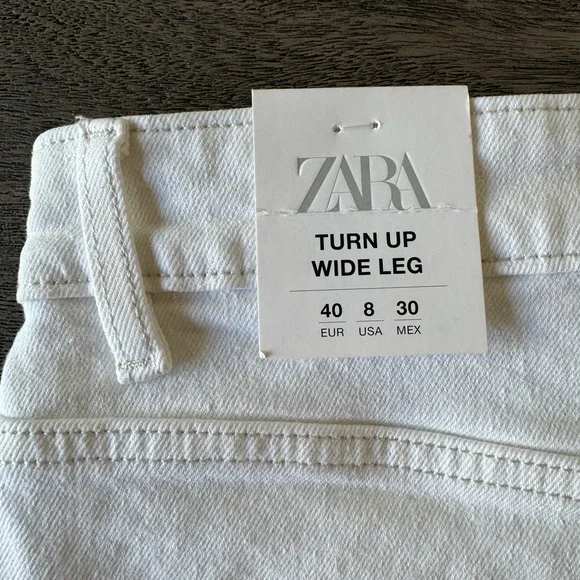 Zara Turn Up Wide Leg Jeans (White, Size USA 8, Tags Included) - Picture 7 of 8